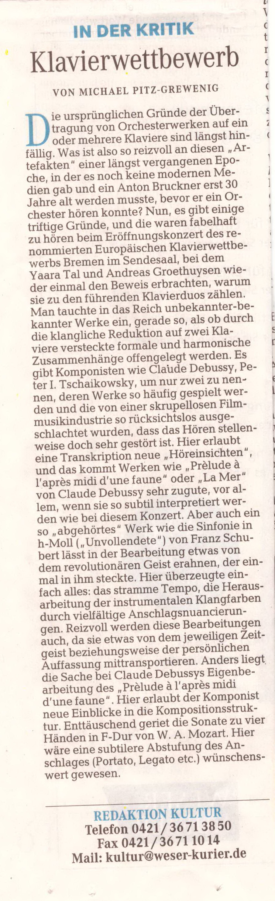 Eröffnungskonzert - Besprechung im Weser Kurier, 20.02.2016